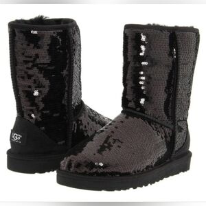 Uggs Womens Size 5 Australia Short Boots Black Sequin Sheepskin 3161 Sparkle UGG